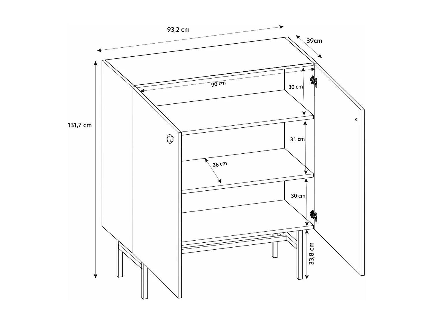 Hoge dressoir met 2 deuren - 93 cm - zwart / licht eiken effect - DIVENOS