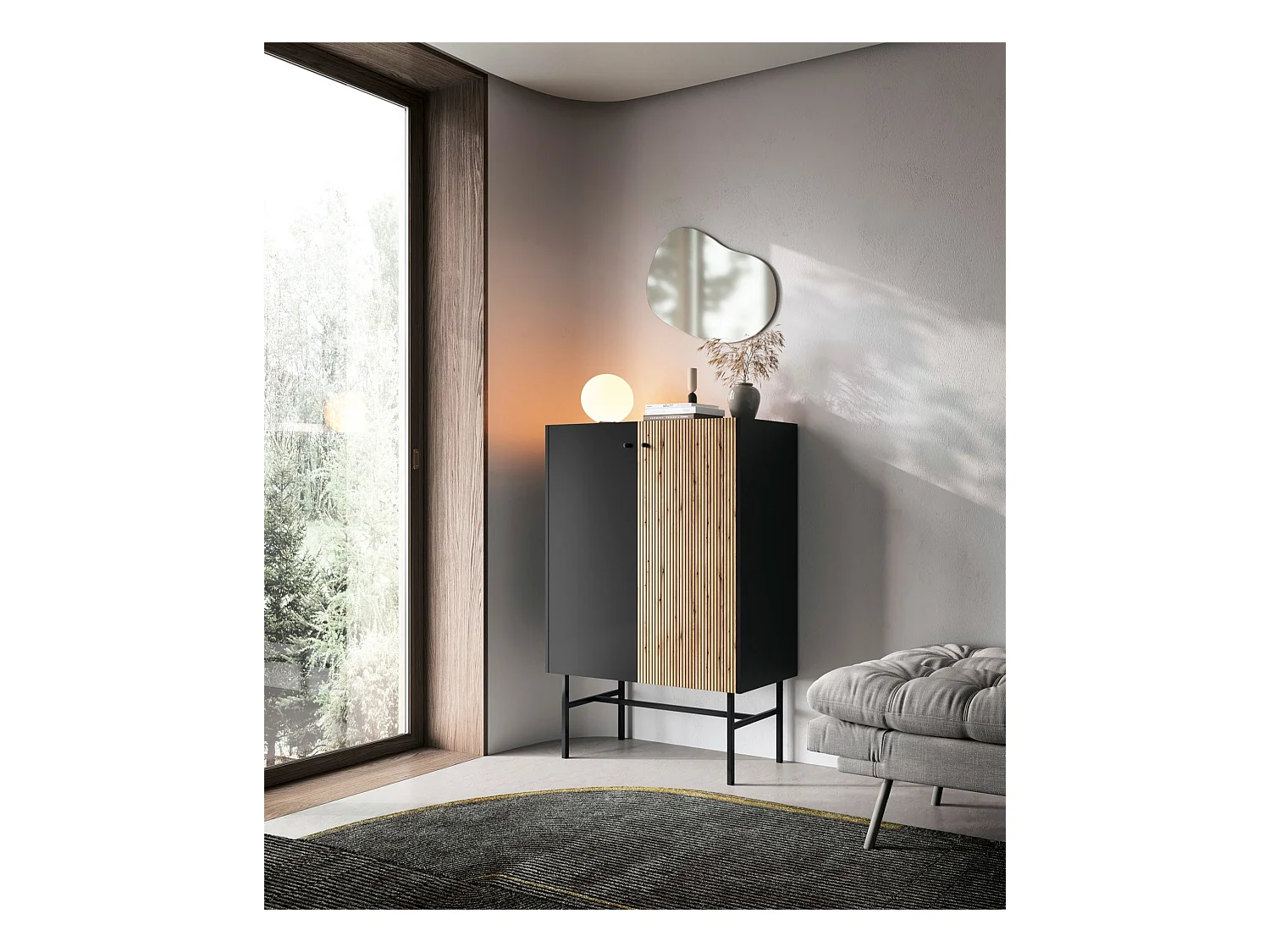 Buffet haut 2 portes - 93 cm - noir / aspect chêne clair - DIVENOS