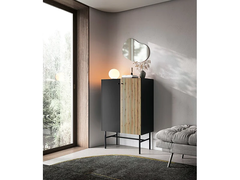 Buffet haut 2 portes - 93 cm - noir / aspect chêne clair - DIVENOS