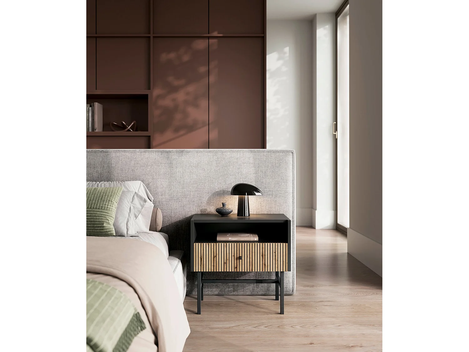 Comodino - 54 cm - con cassetto e doghe - nero - DIVENOS