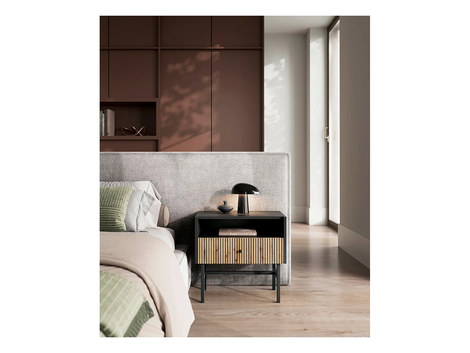 Table de chevet - avec tiroir - noir / aspect chêne clair - DIVENOS