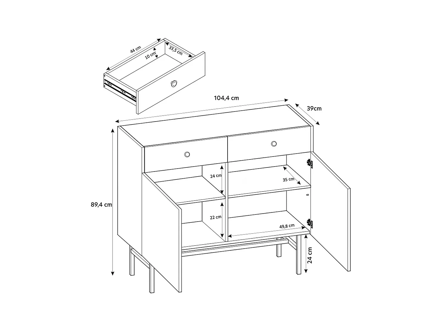 Buffet 2 portes - 2 tiroirs - 104 cm - grège - DIVENOS