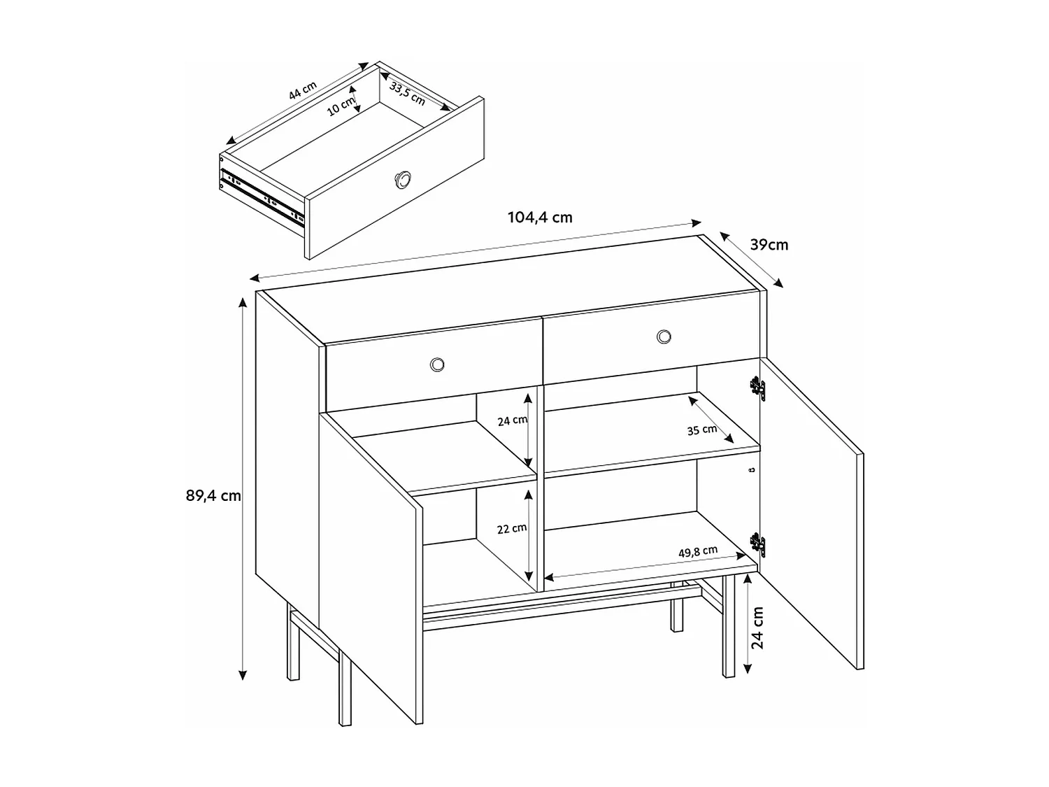 Buffet 2 portes - 2 tiroirs - 104 cm - noir - DIVENOS