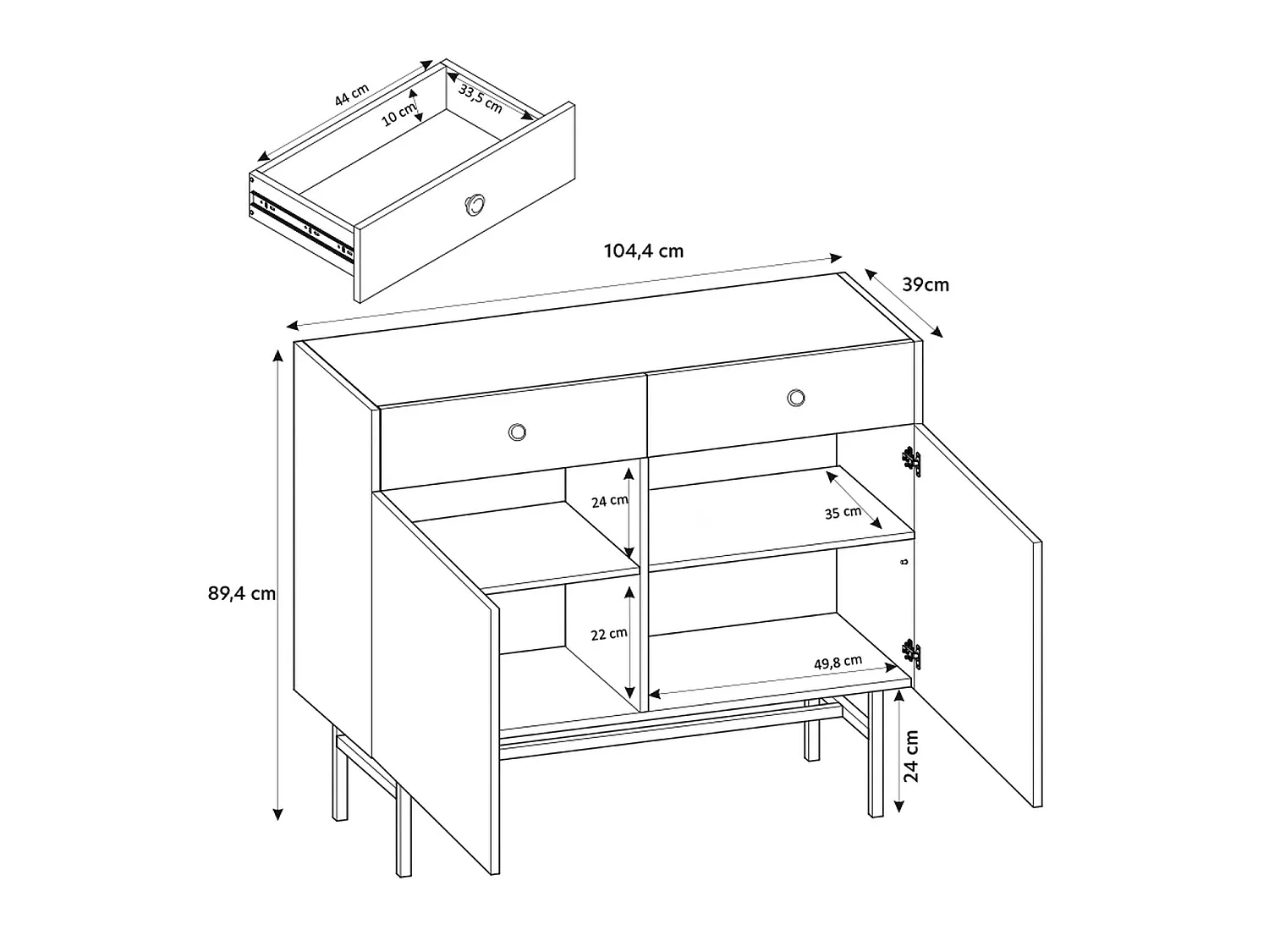 Buffet 2 portes - 2 tiroirs - 104 cm - noir - DIVENOS