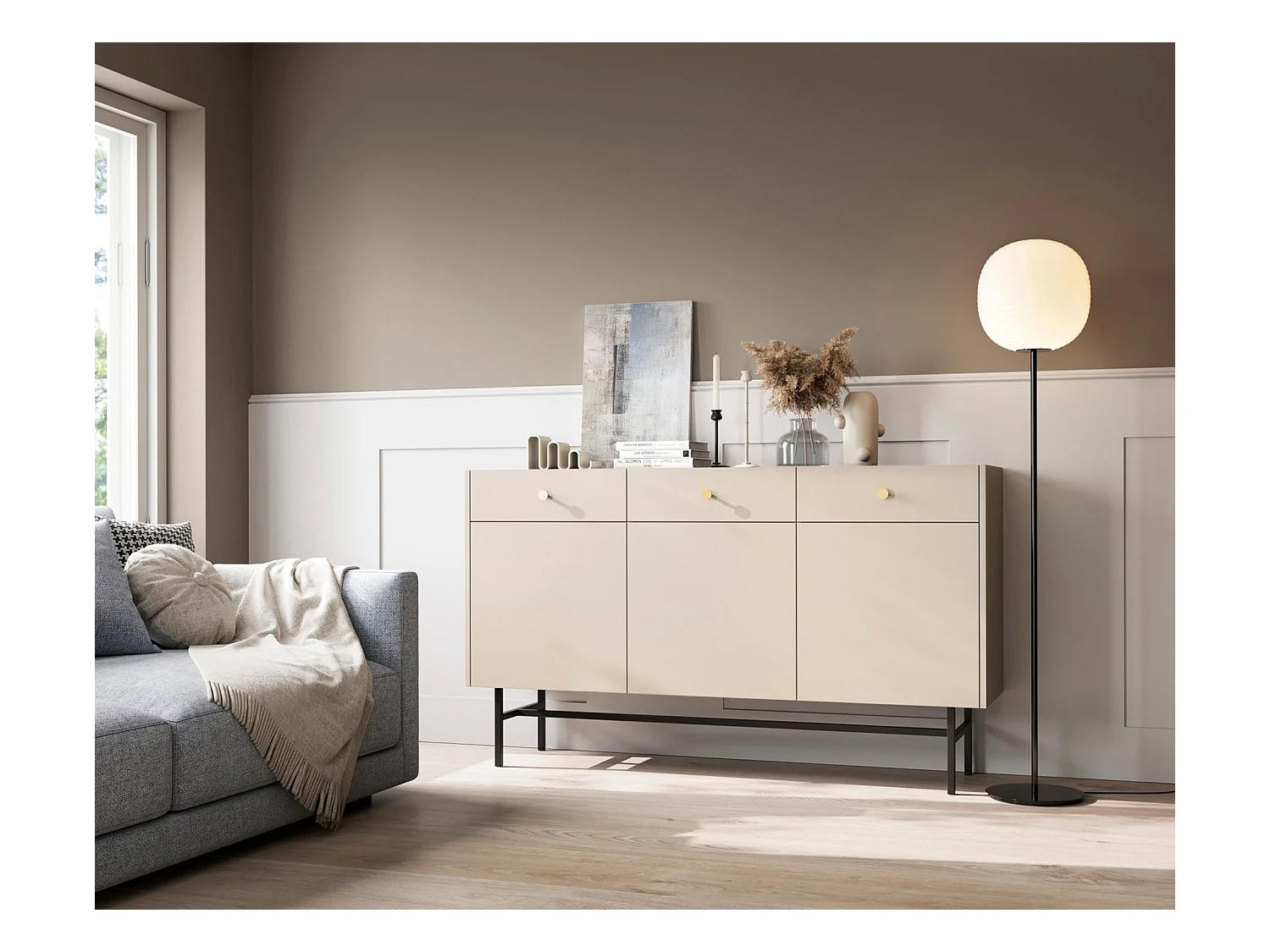 Buffet 3 portes - 3 tiroirs - 155 cm - grège - DIVENOS