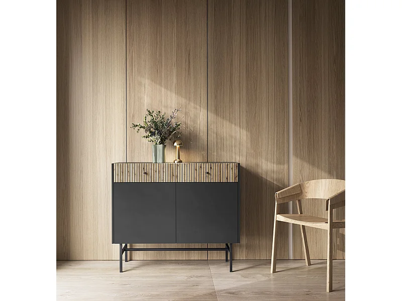 2-deurs dressoir - 2 lades - 104 cm - zwart / licht eiken effect - DIVENOS