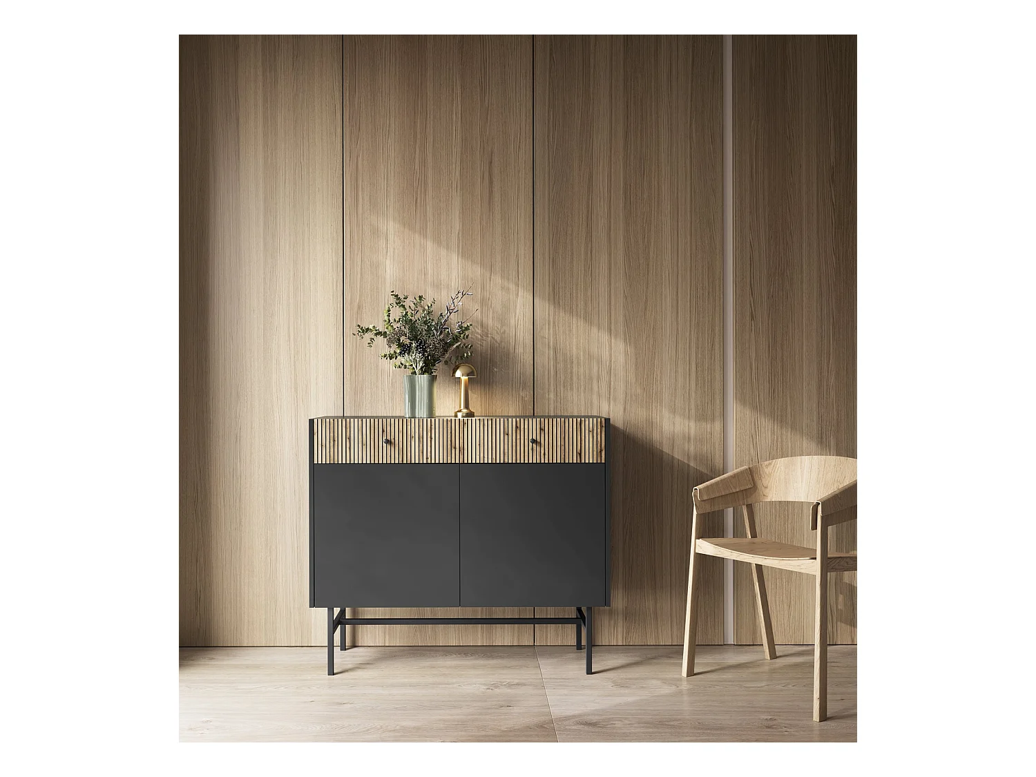 Buffet 2 portes - 2 tiroirs - 104 cm - noir / aspect chêne clair - DIVENOS