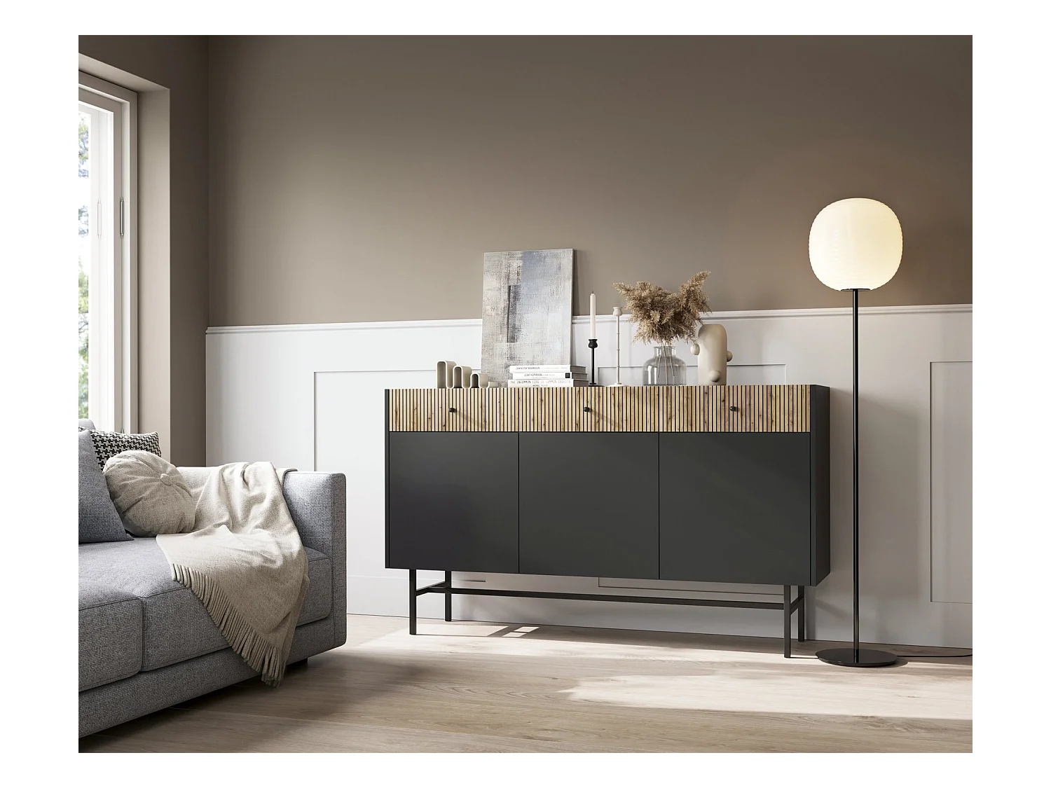 Buffet 3 portes - 3 tiroirs - 155 cm - noir / aspect chêne clair - DIVENOS