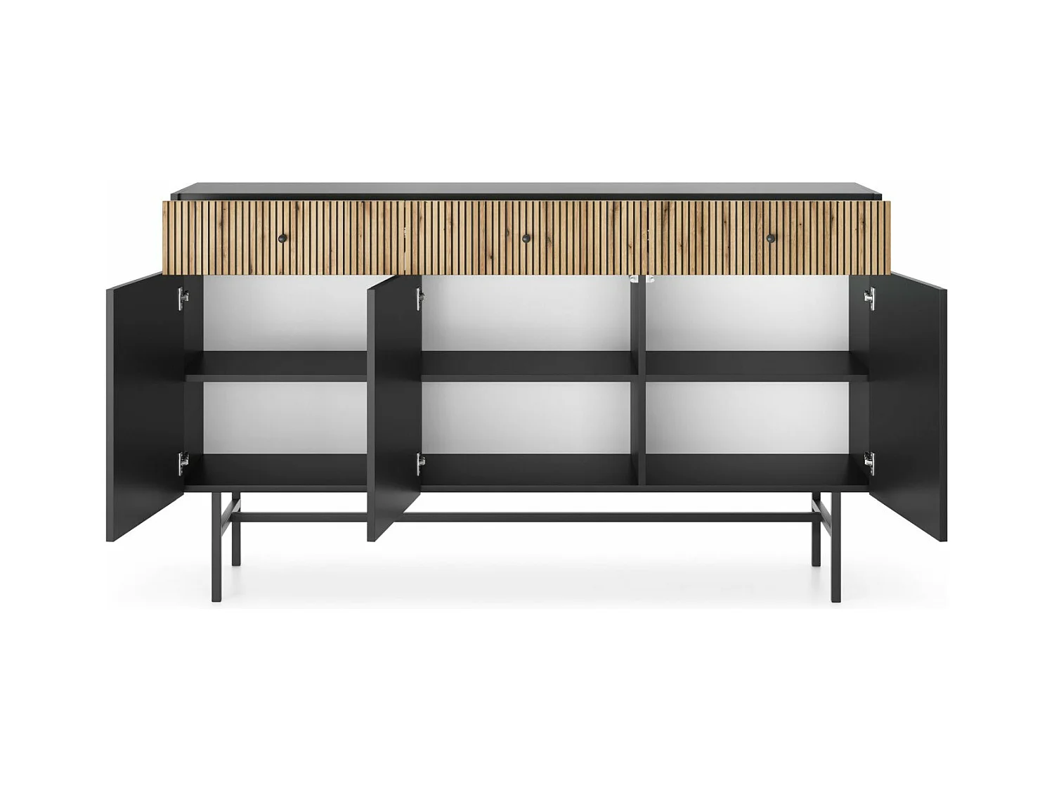 Buffet 3 portes - 3 tiroirs - 155 cm - noir / aspect chêne clair - DIVENOS