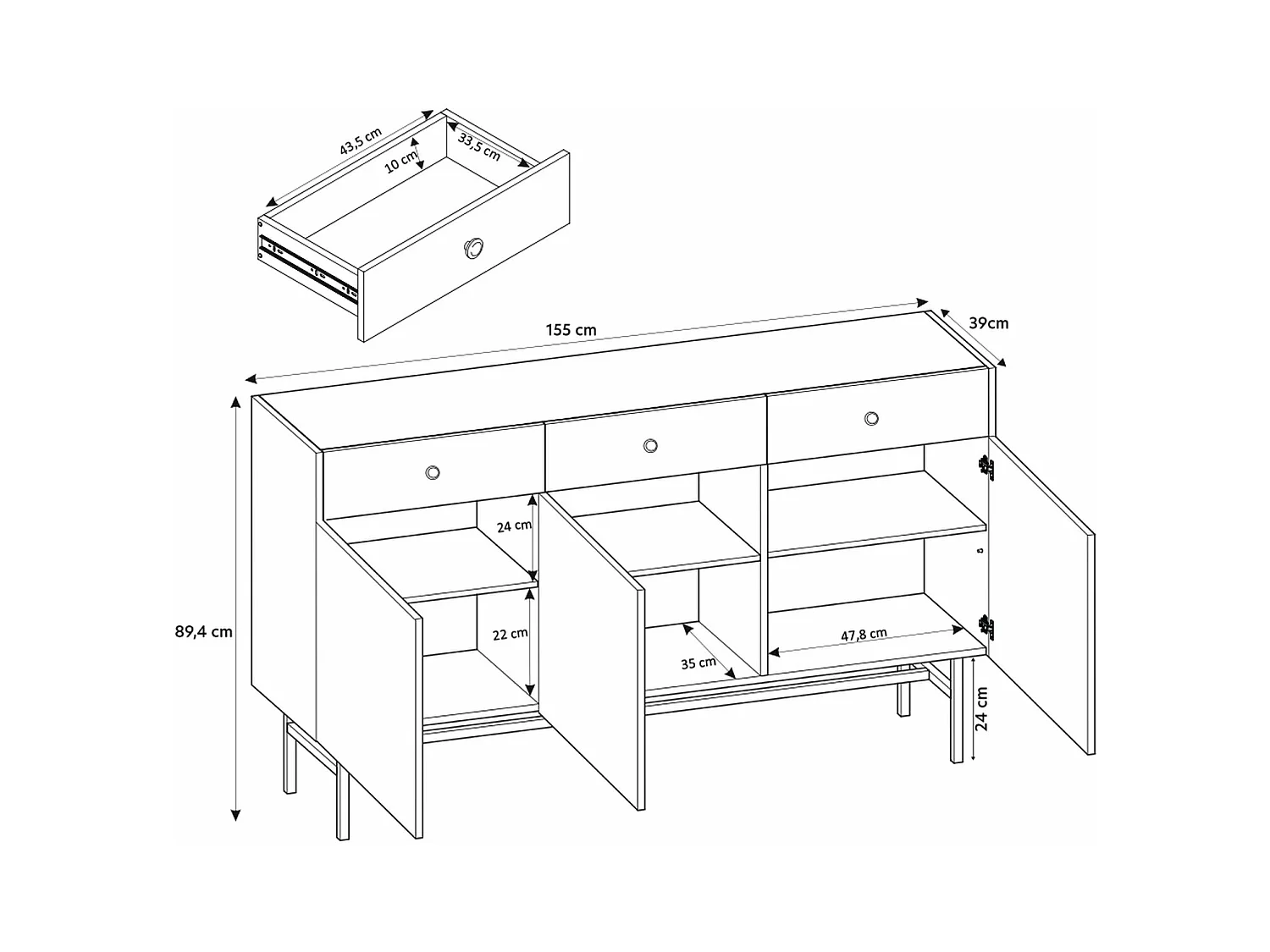 Buffet 3 portes - 3 tiroirs - 155 cm - noir / aspect chêne clair - DIVENOS