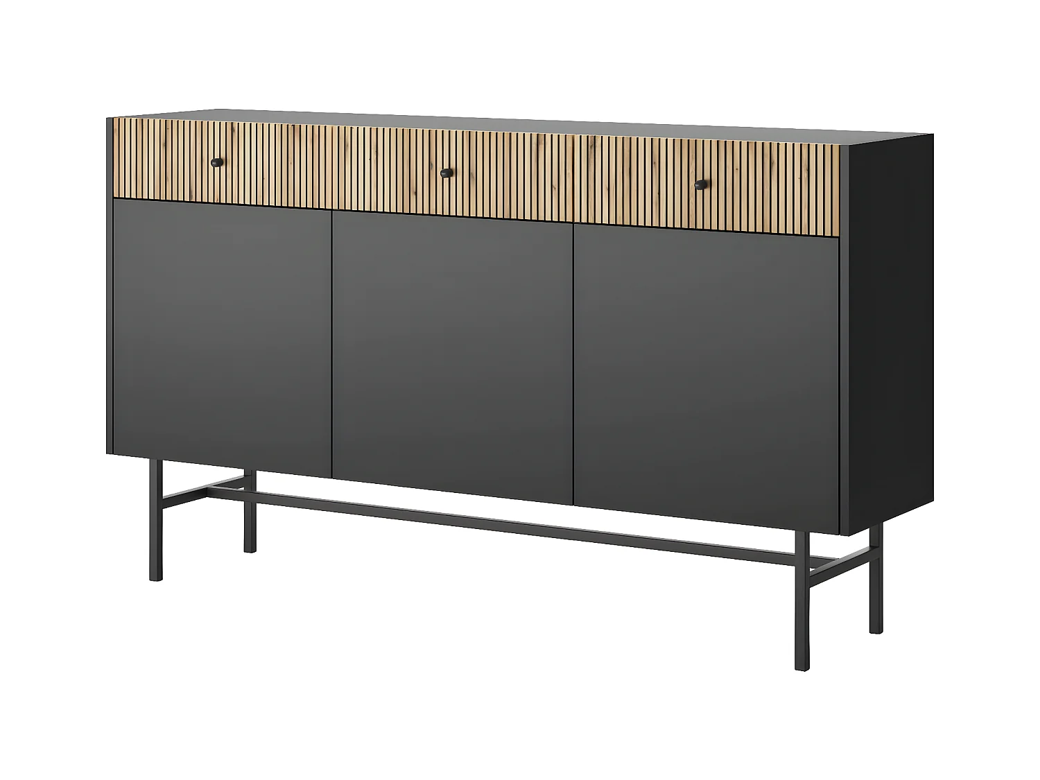Buffet 3 portes - 3 tiroirs - 155 cm - noir / aspect chêne clair - DIVENOS