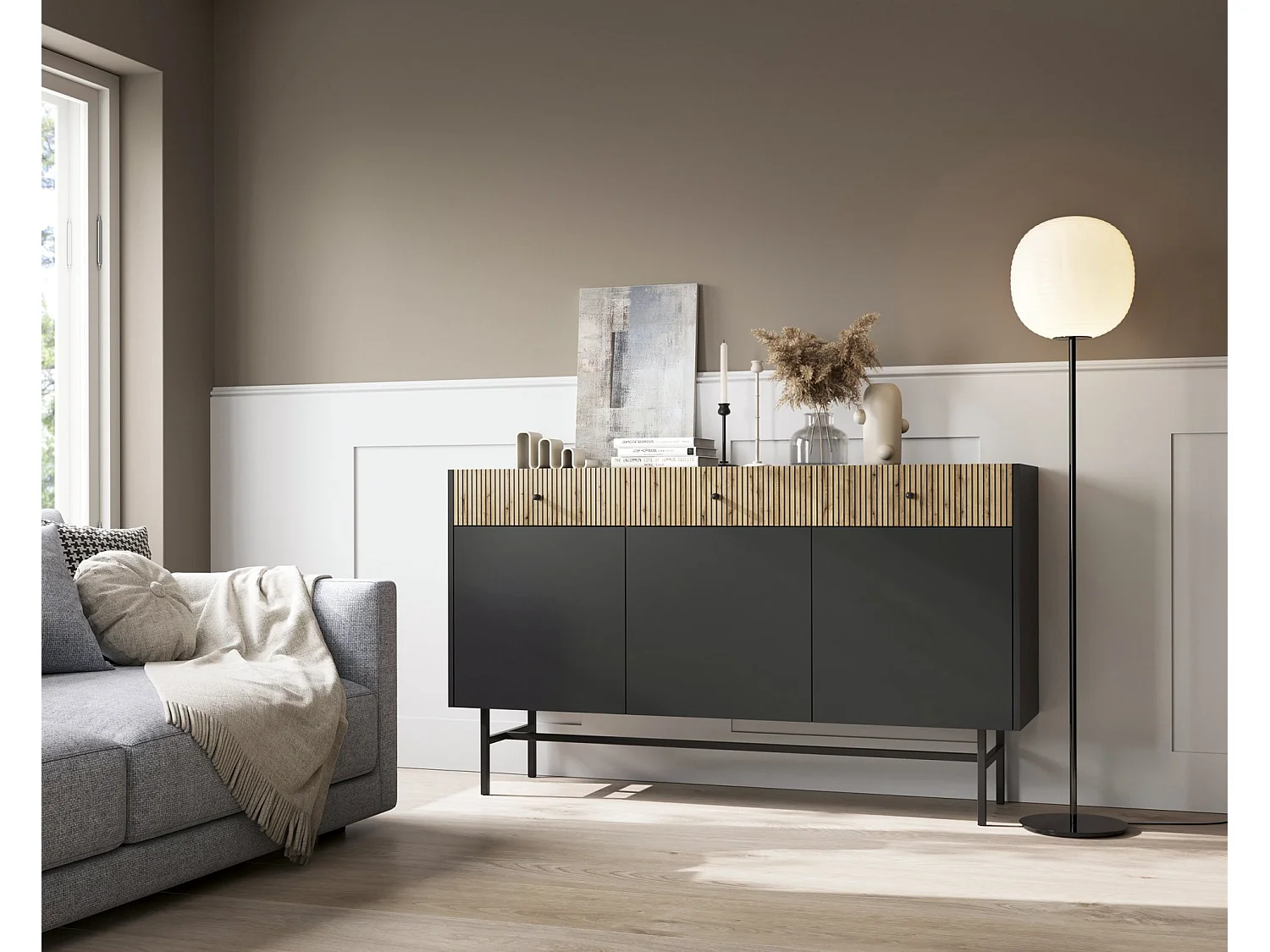 Buffet 3 portes - 3 tiroirs - 155 cm - noir / aspect chêne clair - DIVENOS