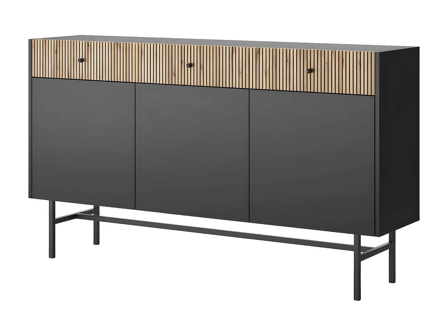 Buffet 3 portes - 3 tiroirs - 155 cm - noir / aspect chêne clair - DIVENOS