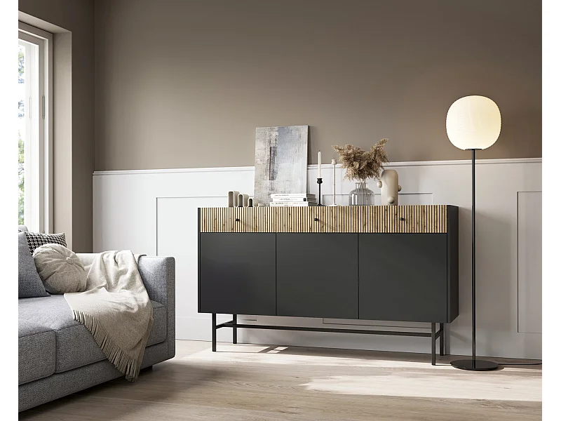 Sideboard 3-türig - Schwarz / Holzoptik Eiche - 155 cm - DIVENOS