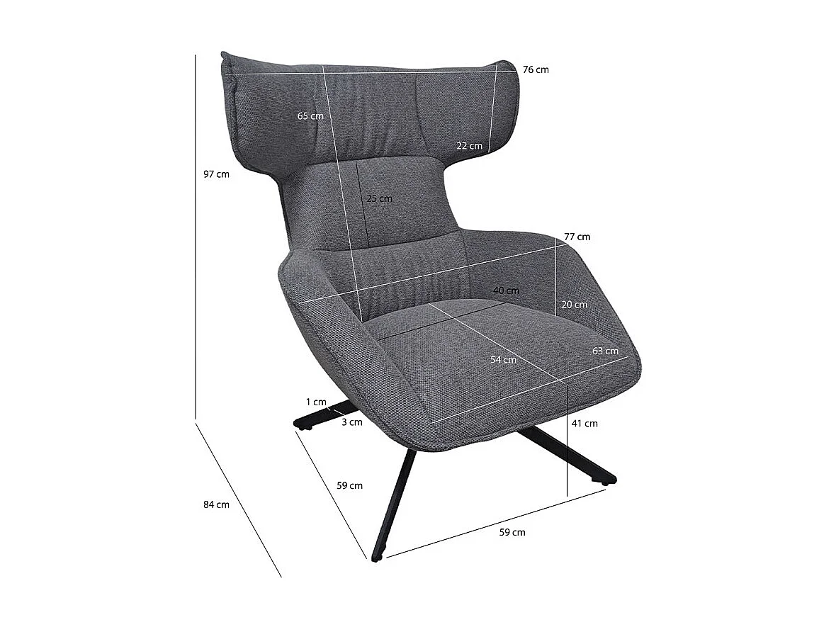 Fauteuil pivotant 360° en velours chiné gris et métal noir - ANTONIO