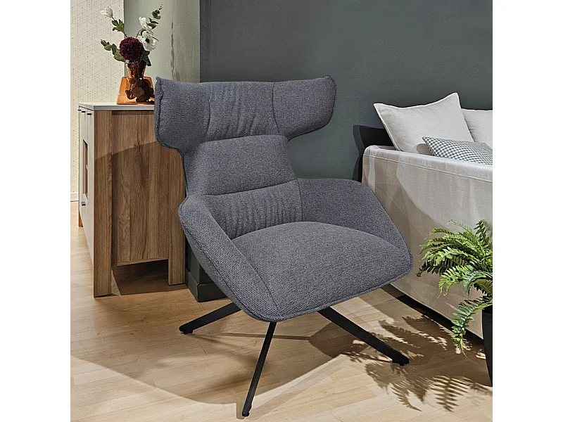 Fauteuil pivotant 360° en velours chiné gris et métal noir - ANTONIO