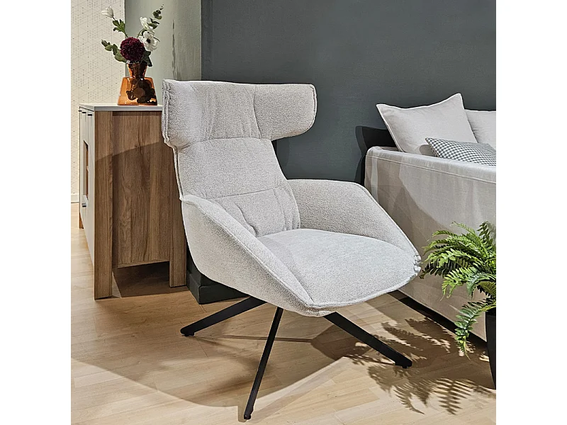 Fauteuil pivotant 360° en velours chiné écru et métal noir - ANTONIO