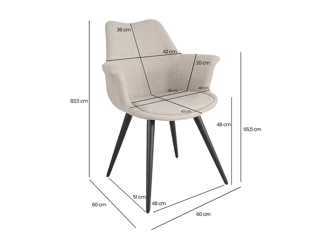 Chaise en tissu beige avec pieds métal noir et accoudoirs – CALGARY