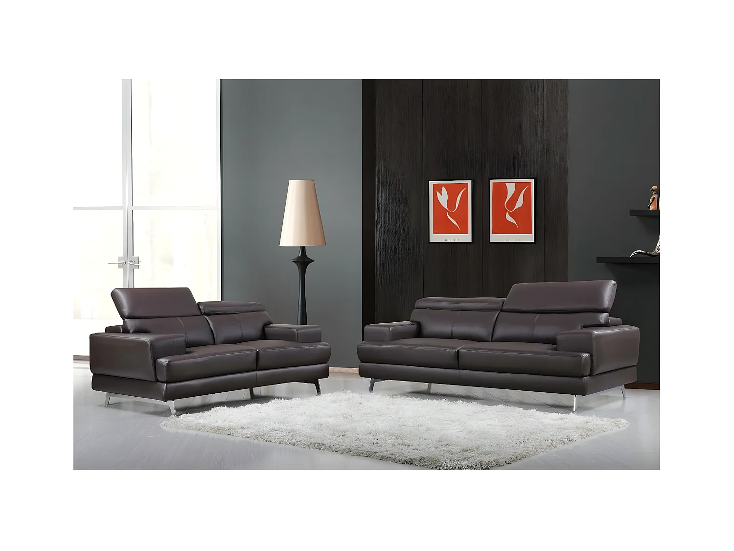 Sofá Veneza de 2 lugares em couro reconstituído/PVC marrom com braços acolchoados e encostos de cabeça removíveis