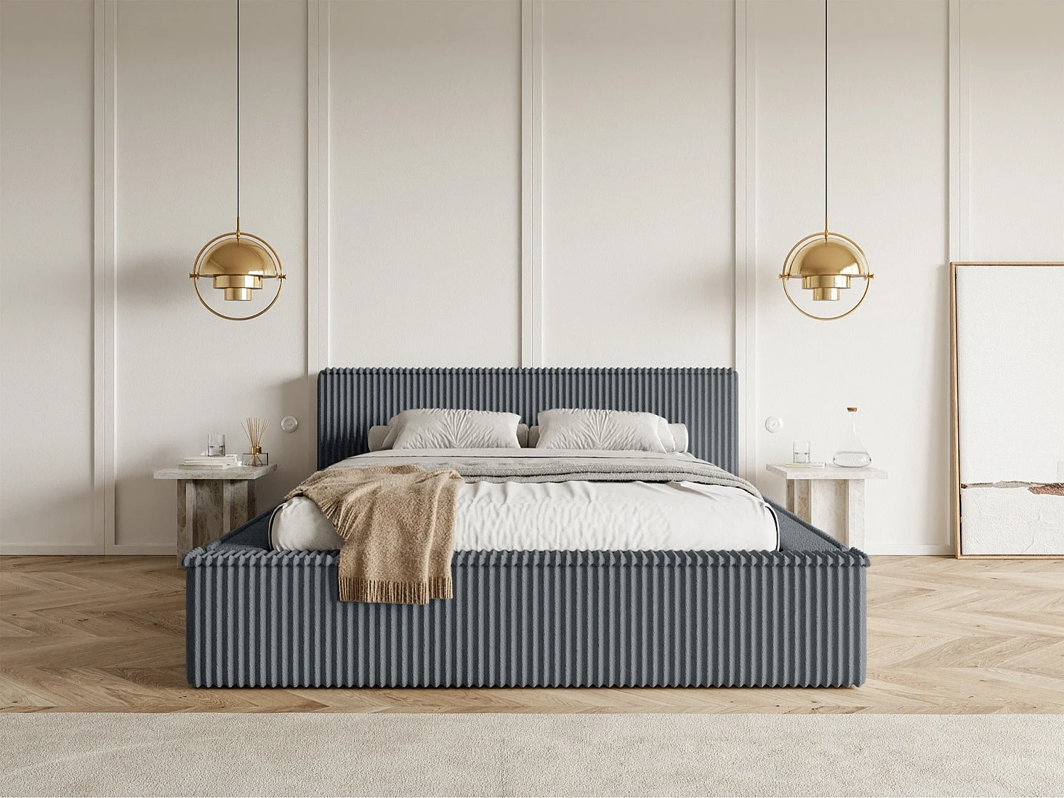 Lit coffre avec tête de lit - 160x200 cm - en velours côtelé gris - AFFOLIO