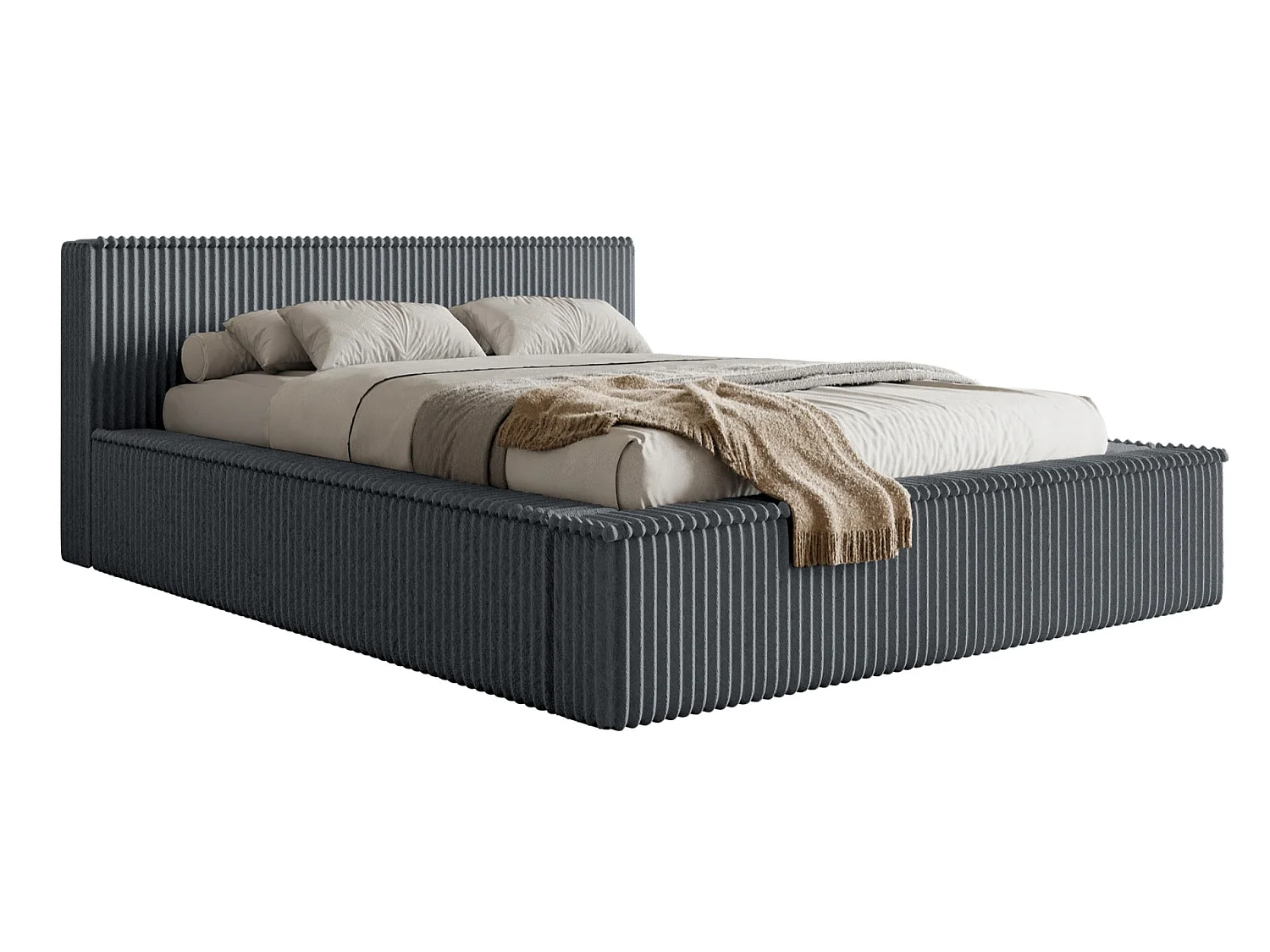 Lit coffre avec tête de lit - 160x200 cm - en velours côtelé gris - AFFOLIO