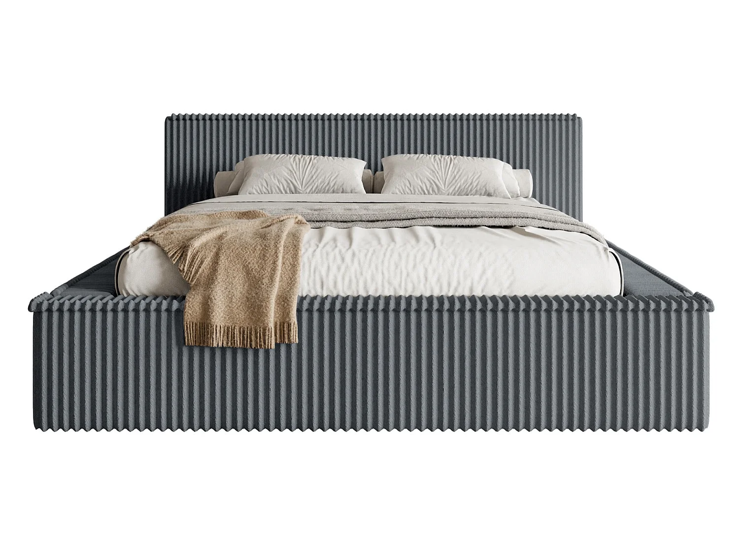 Lit coffre avec tête de lit - 160x200 cm - en velours côtelé gris - AFFOLIO