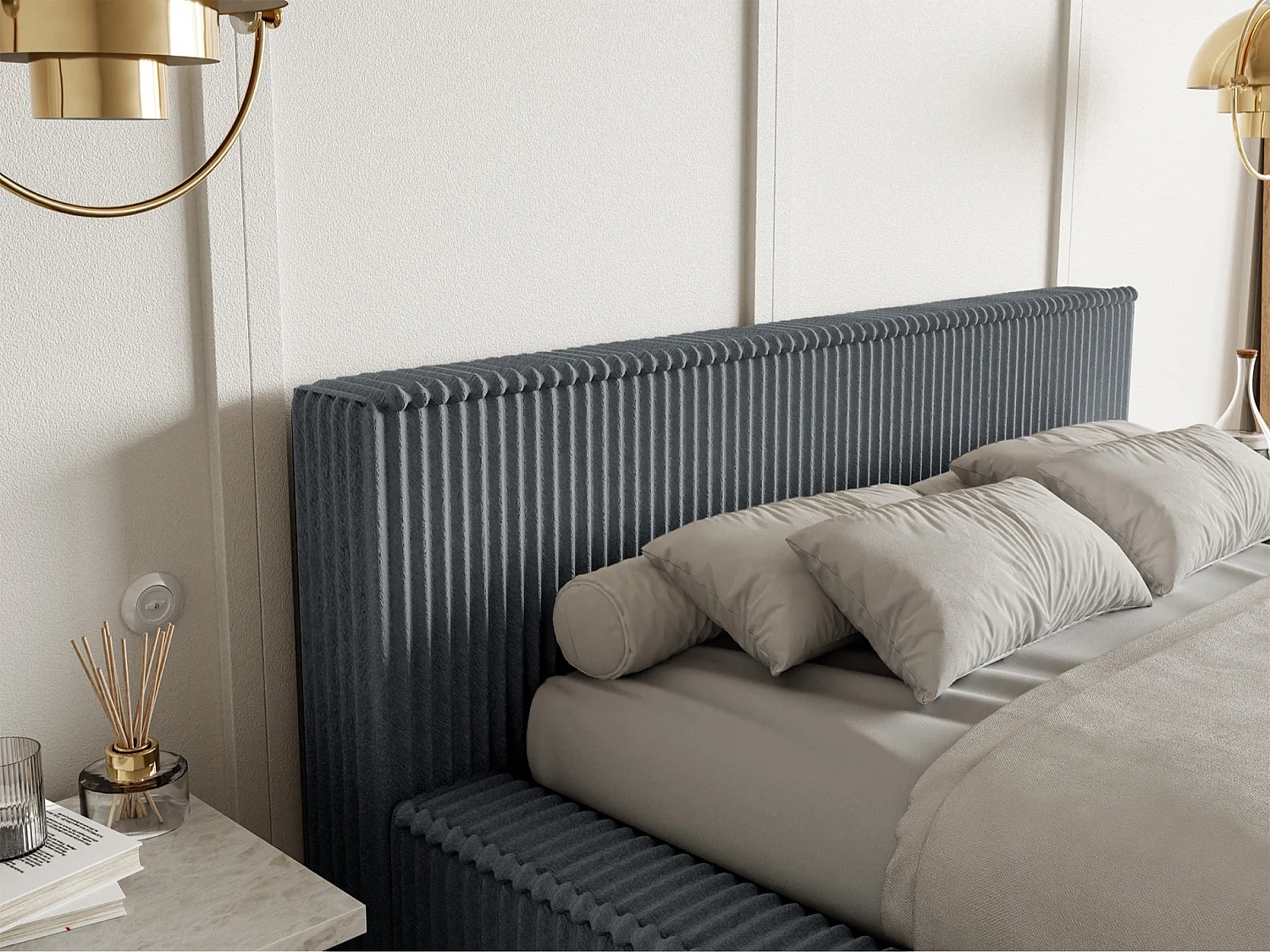 Lit coffre avec tête de lit - 160x200 cm - en velours côtelé gris - AFFOLIO