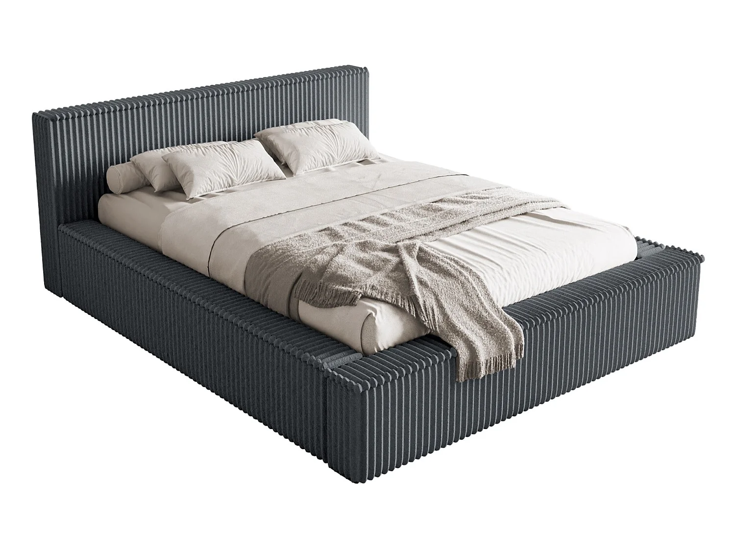 Lit coffre avec tête de lit - 160x200 cm - en velours côtelé gris - AFFOLIO