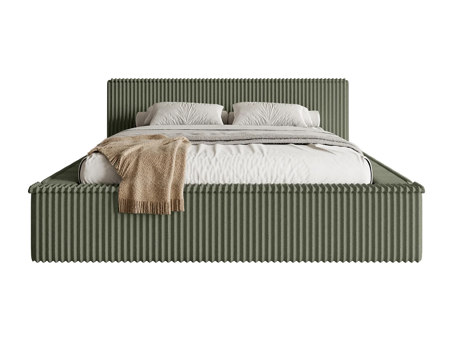 Lit coffre avec tête de lit - 160x200 cm - en velours côtelé kaki - AFFOLIO