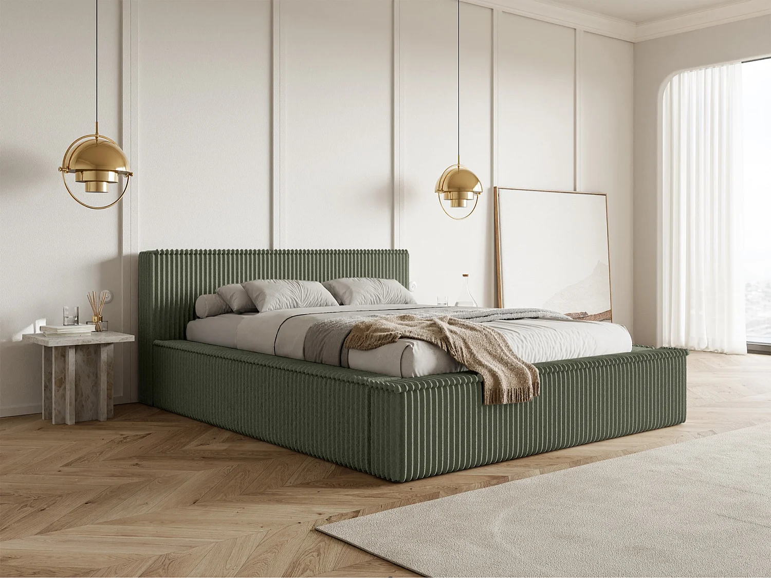Opbergbed met hoofdeinde - 160x200 cm - in khaki corduroy - AFFOLIO