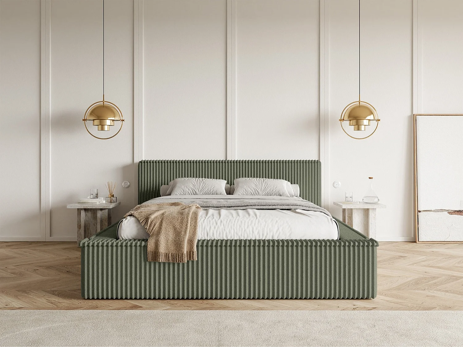 Lit coffre avec tête de lit - 160x200 cm - en velours côtelé kaki - AFFOLIO