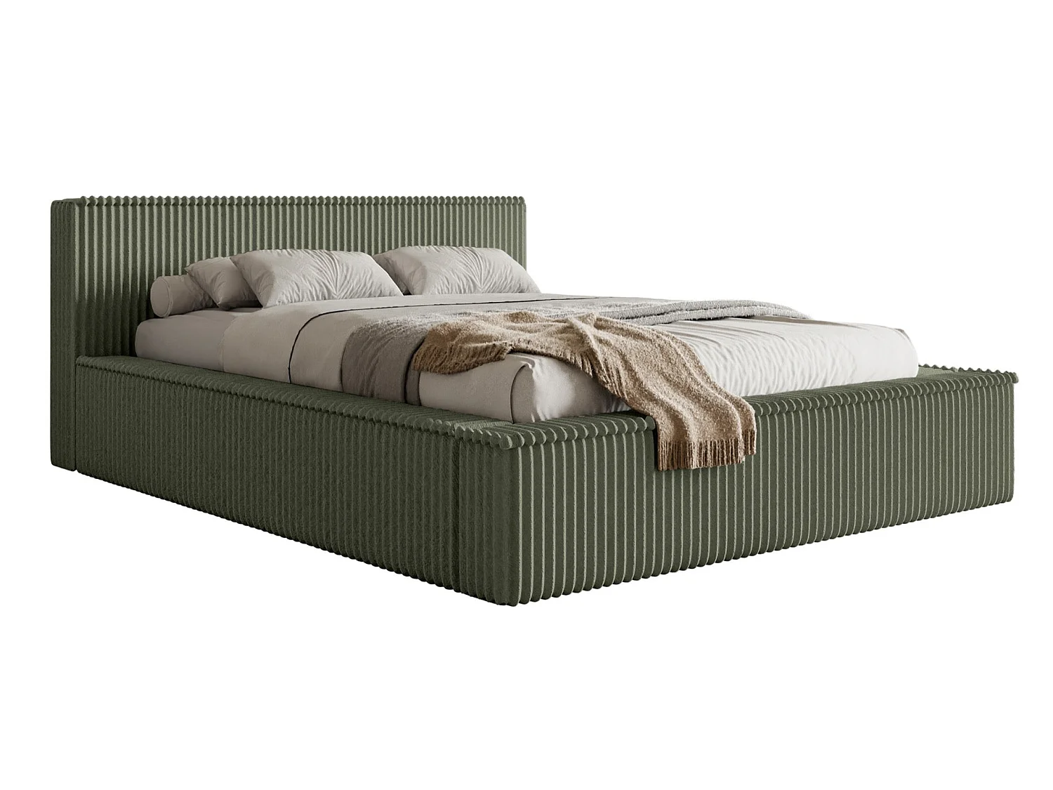 Lit coffre avec tête de lit - 160x200 cm - en velours côtelé kaki - AFFOLIO