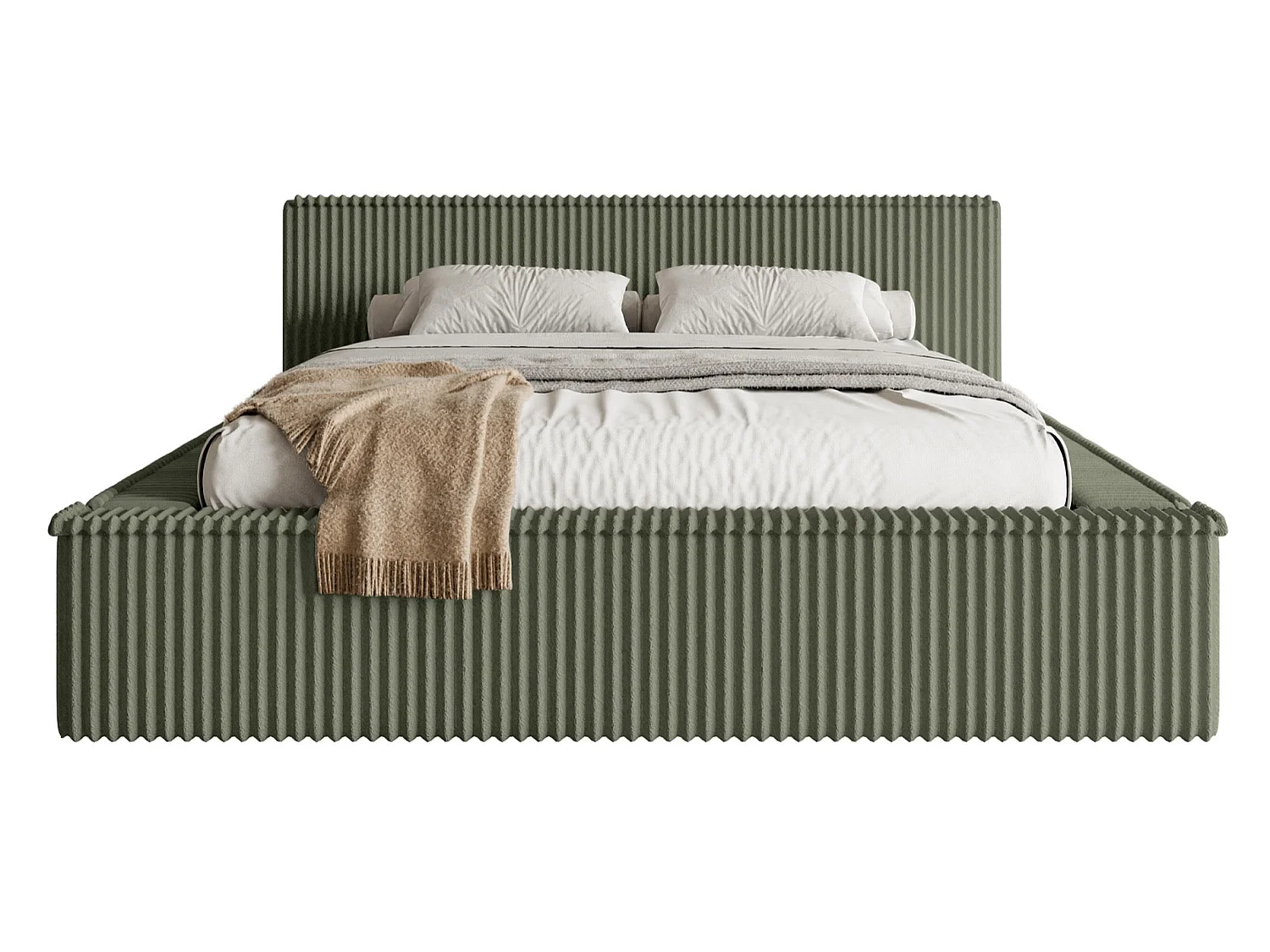 Lit coffre avec tête de lit - 160x200 cm - en velours côtelé kaki - AFFOLIO