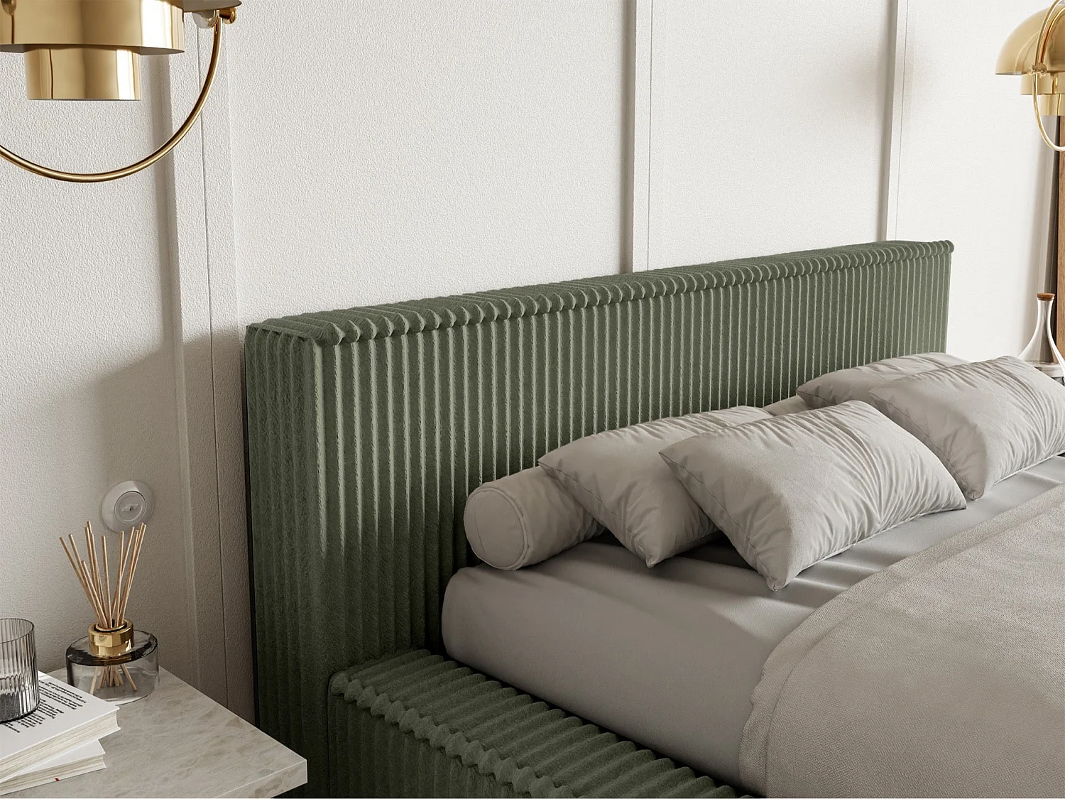 Lit coffre avec tête de lit - 160x200 cm - en velours côtelé kaki - AFFOLIO