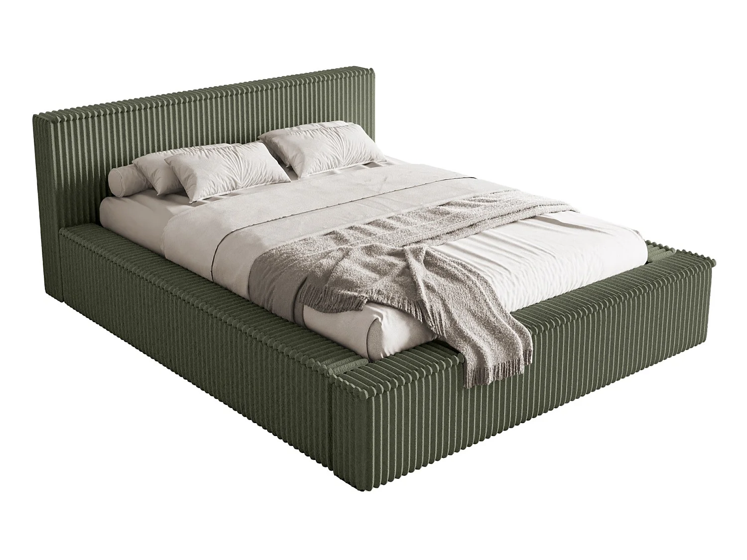 Lit coffre avec tête de lit - 160x200 cm - en velours côtelé kaki - AFFOLIO