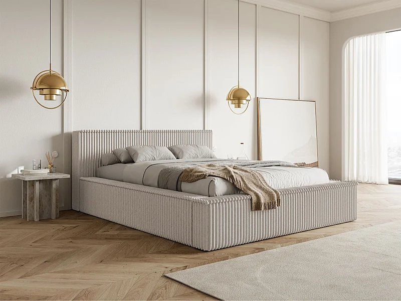 Opbergbed met hoofdeinde - 160x200 cm - in greige corduroy - AFFOLIO