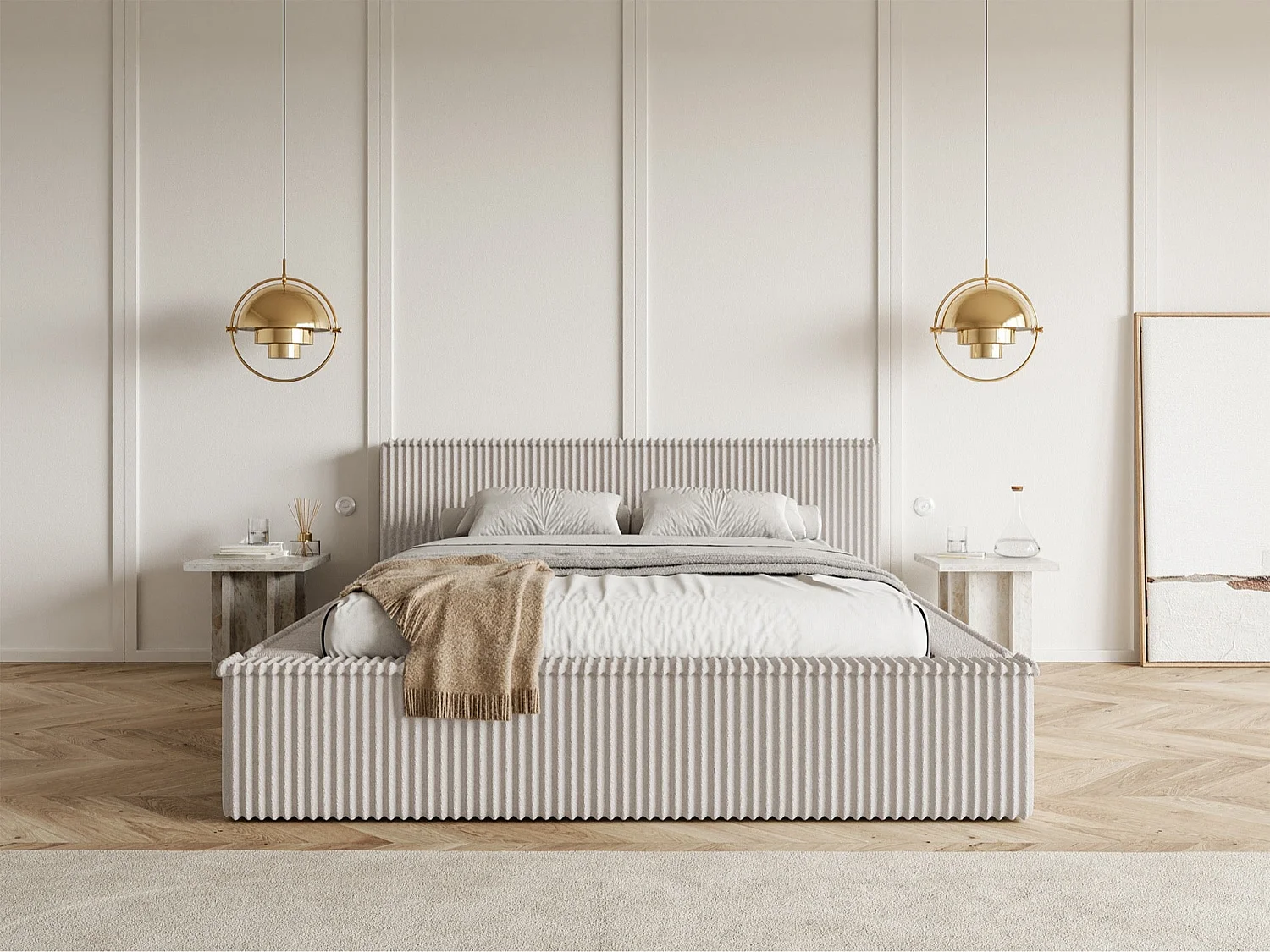 Lit coffre avec tête de lit - 160x200 cm - en velours côtelé grège - AFFOLIO
