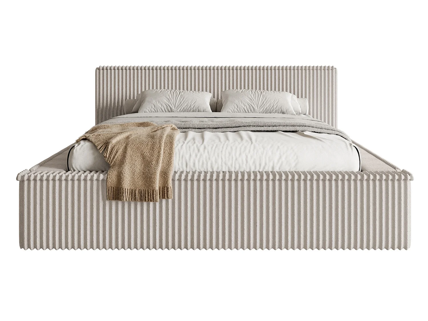 Lit coffre avec tête de lit - 160x200 cm - en velours côtelé grège - AFFOLIO