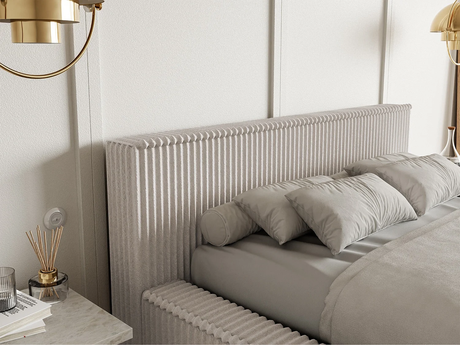 Lit coffre avec tête de lit - 160x200 cm - en velours côtelé grège - AFFOLIO