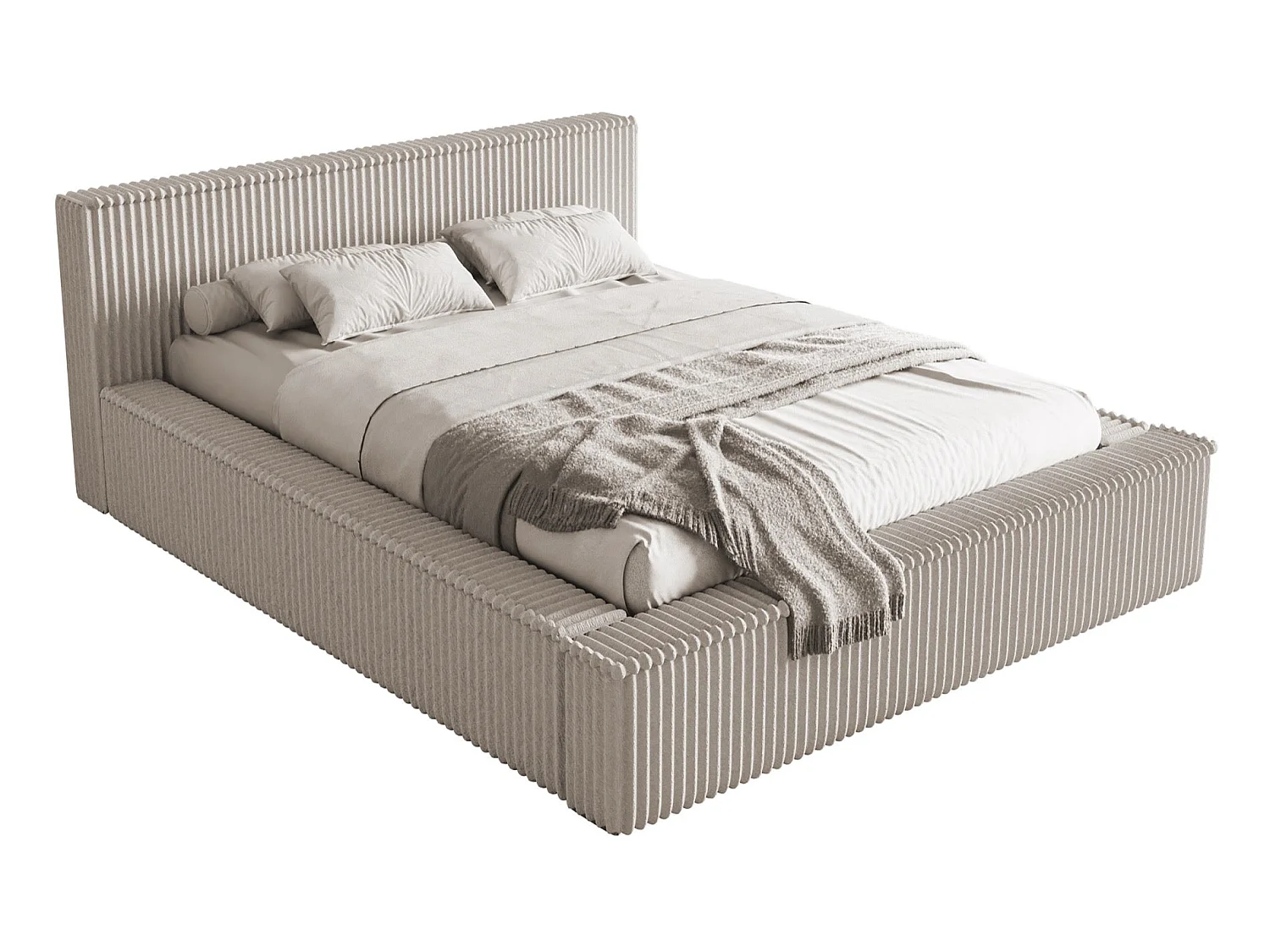 Lit coffre avec tête de lit - 160x200 cm - en velours côtelé grège - AFFOLIO