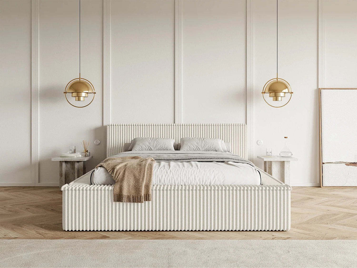 Opbergbed met hoofdeinde - 160x200 cm - in crème corduroy - AFFOLIO