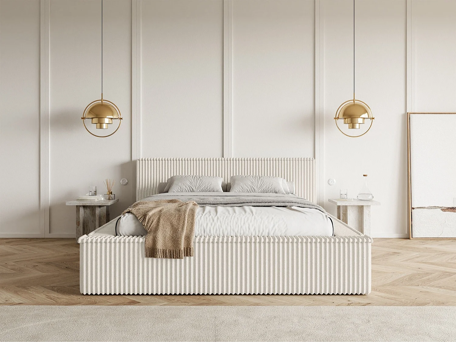 Lit coffre avec tête de lit - 160x200 cm - en velours côtelé crème - AFFOLIO