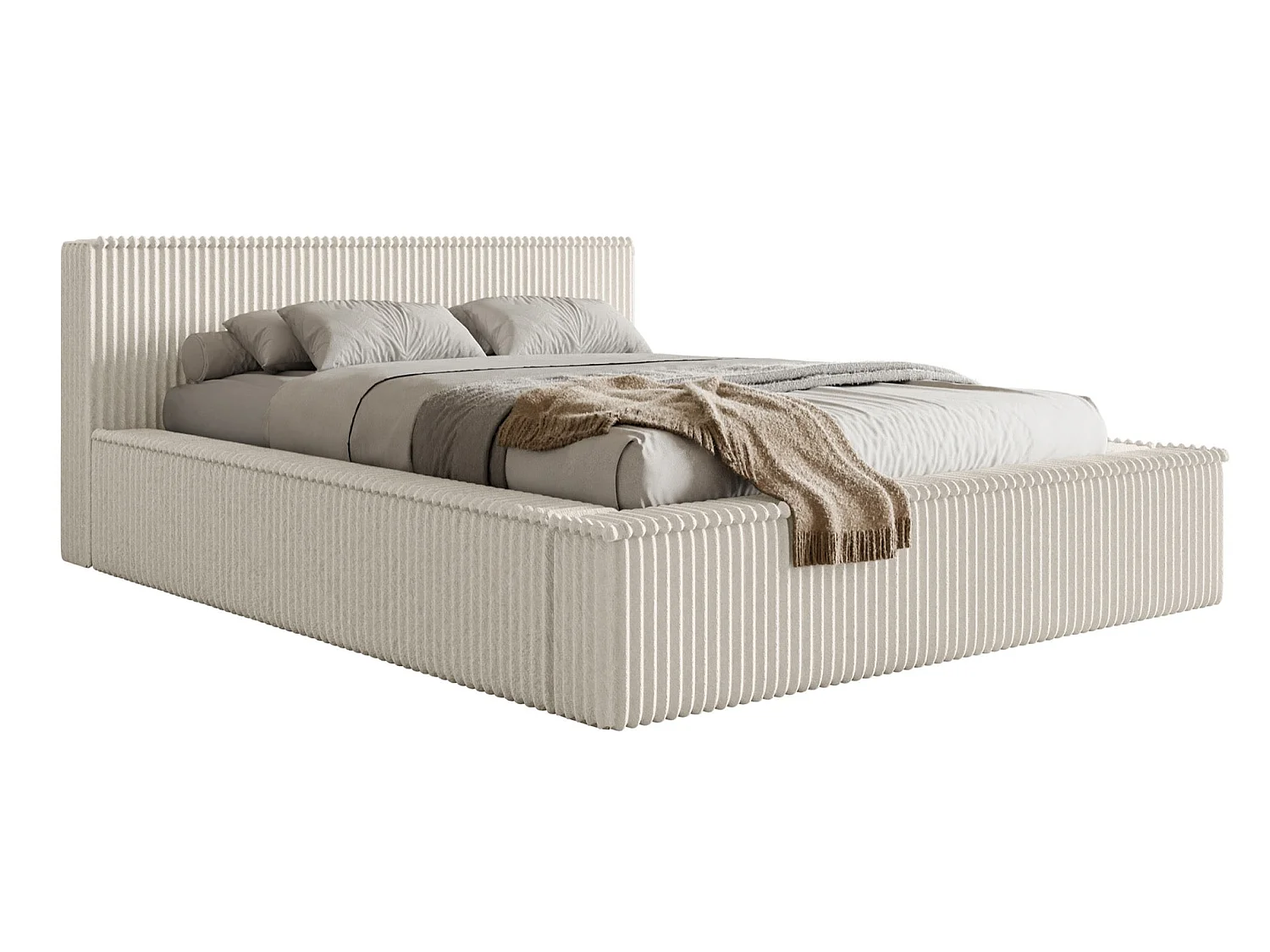 Lit coffre avec tête de lit - 160x200 cm - en velours côtelé crème - AFFOLIO