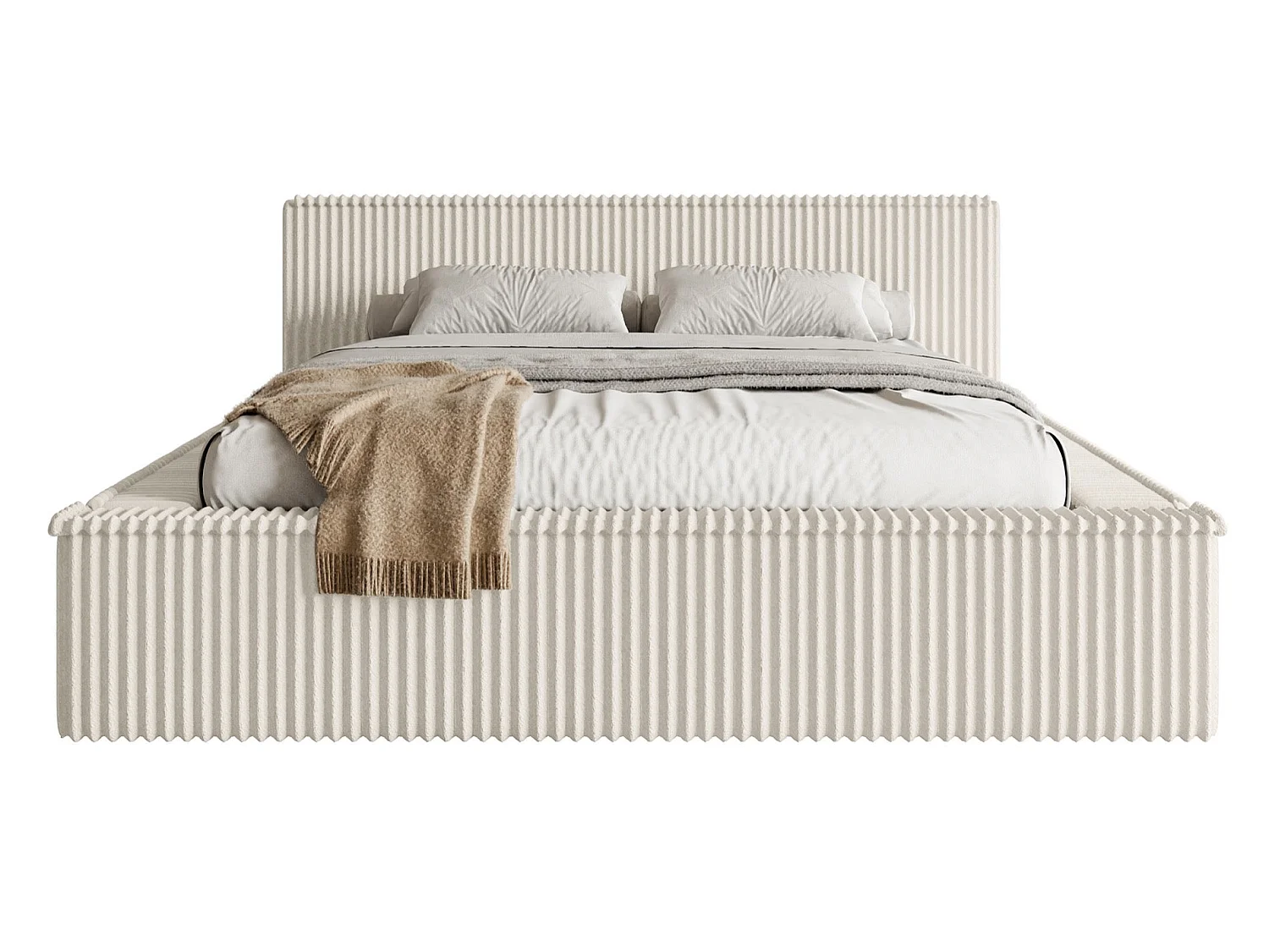 Lit coffre avec tête de lit - 160x200 cm - en velours côtelé crème - AFFOLIO