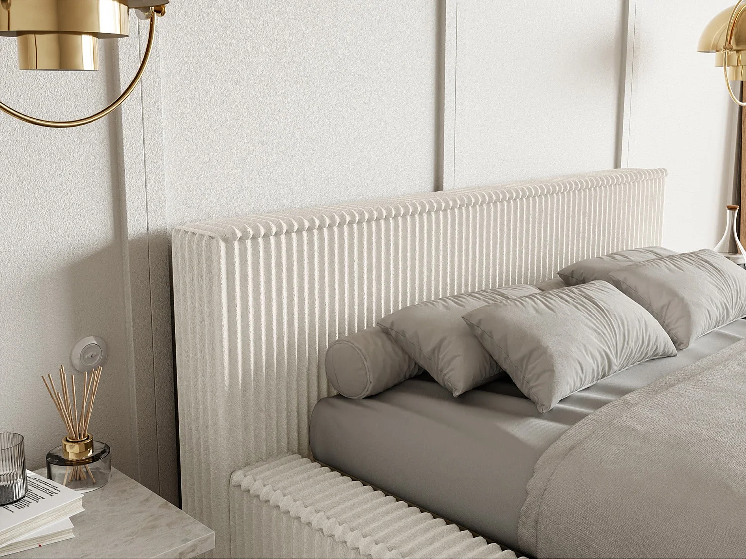 Lit coffre avec tête de lit - 160x200 cm - en velours côtelé crème - AFFOLIO
