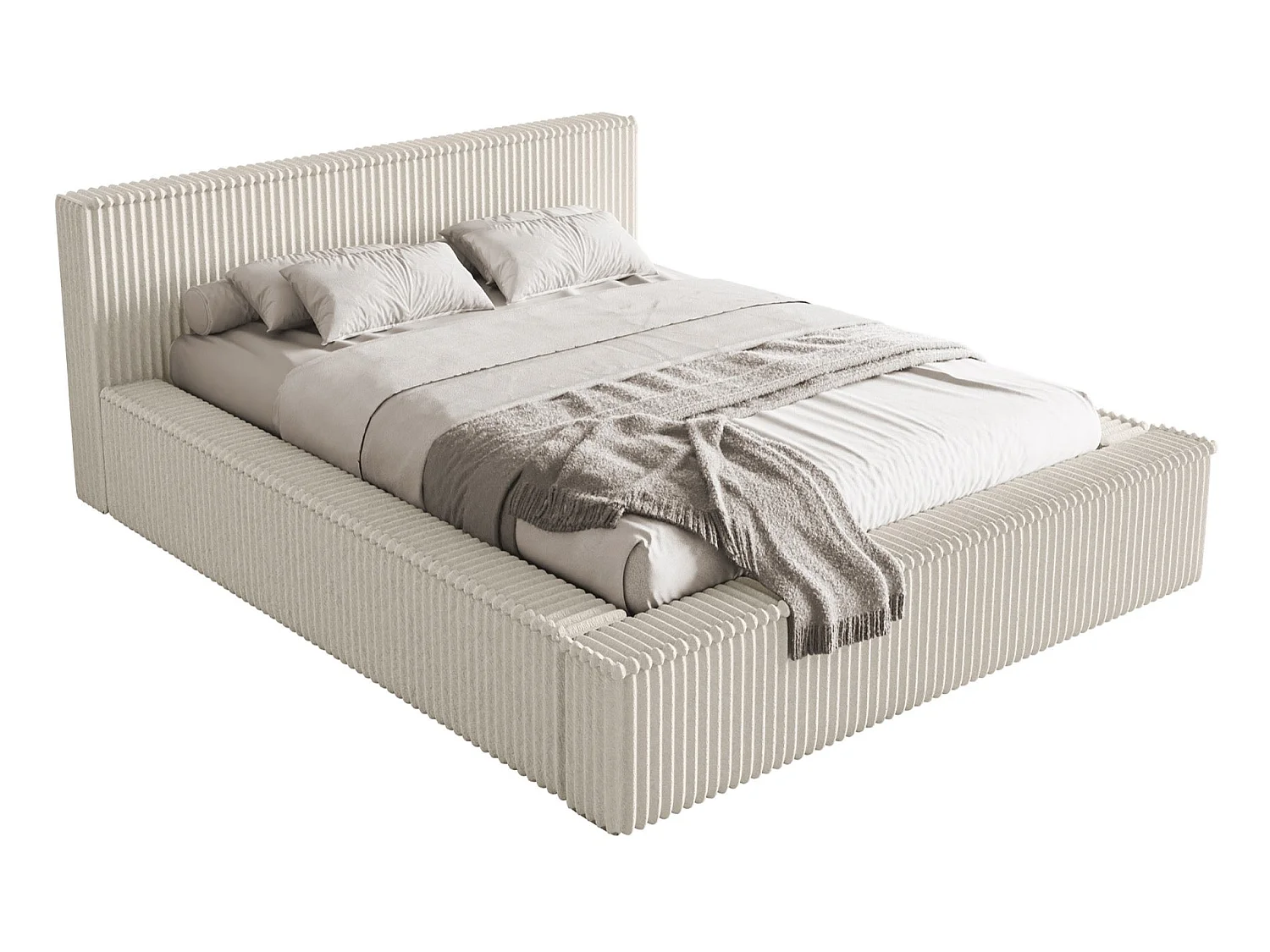 Lit coffre avec tête de lit - 160x200 cm - en velours côtelé crème - AFFOLIO