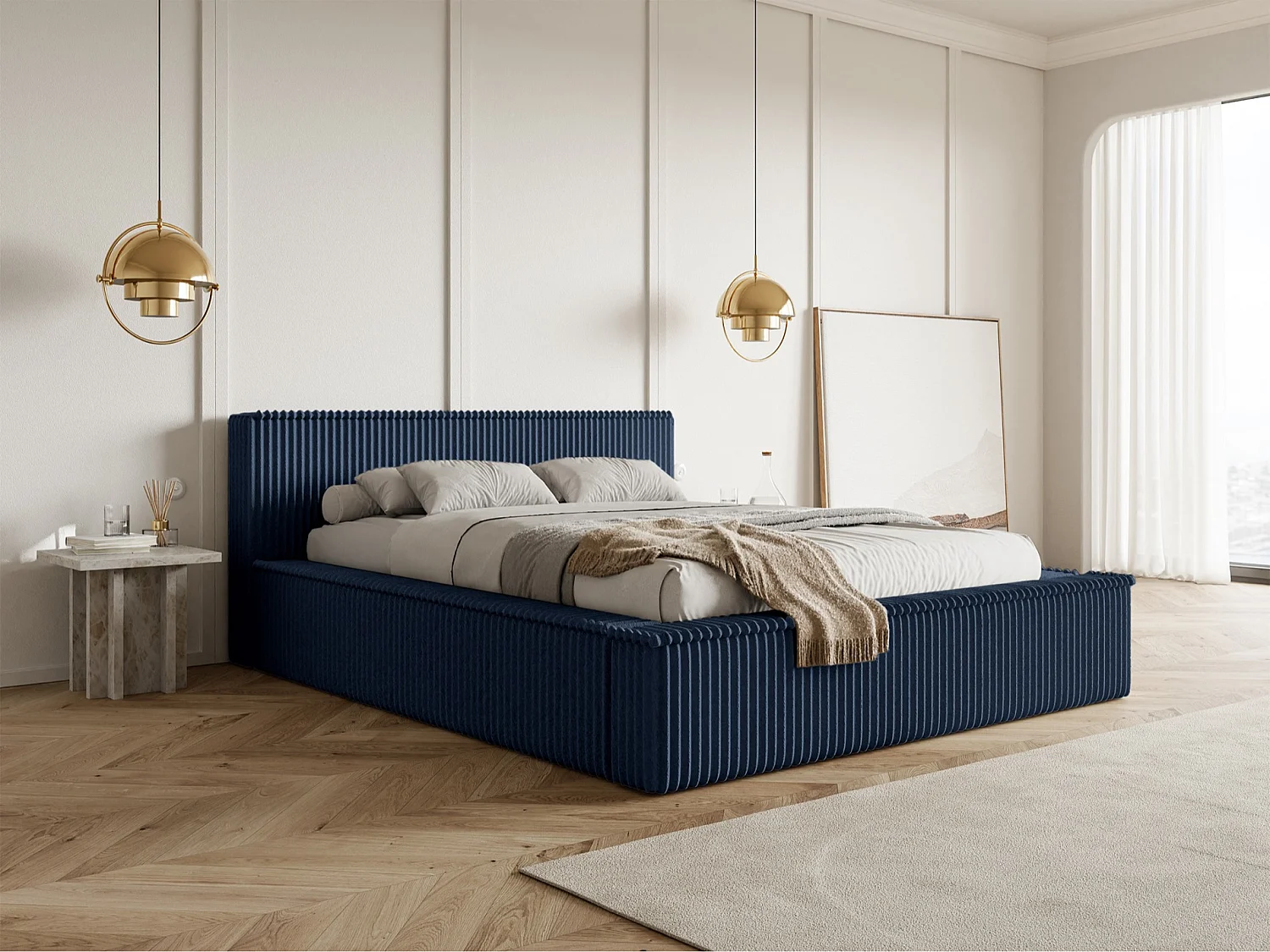 Opbergbed met hoofdeinde - 160x200 cm - in marineblauw corduroy - AFFOLIO