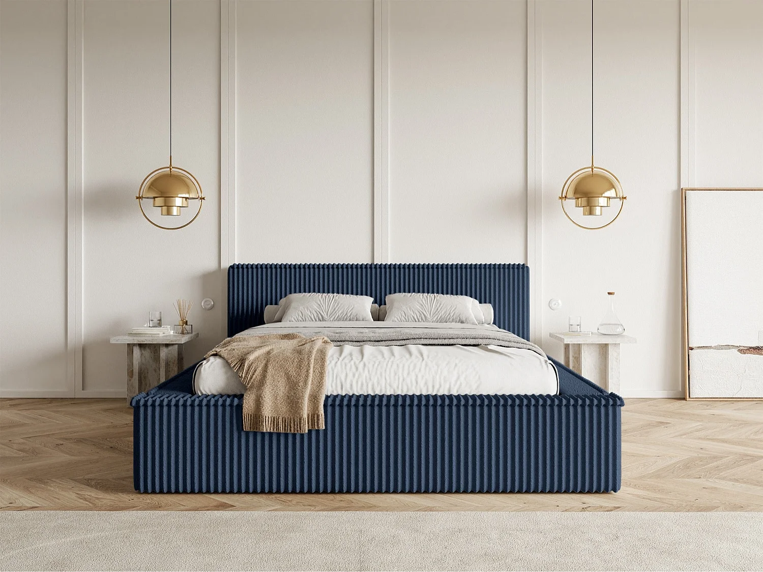 Lit coffre avec tête de lit - 160x200 cm - en velours côtelé marine - AFFOLIO