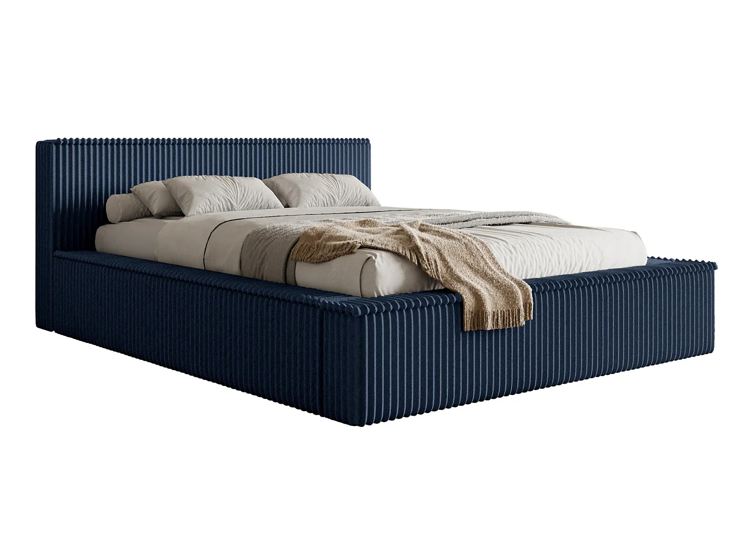 Lit coffre avec tête de lit - 160x200 cm - en velours côtelé marine - AFFOLIO