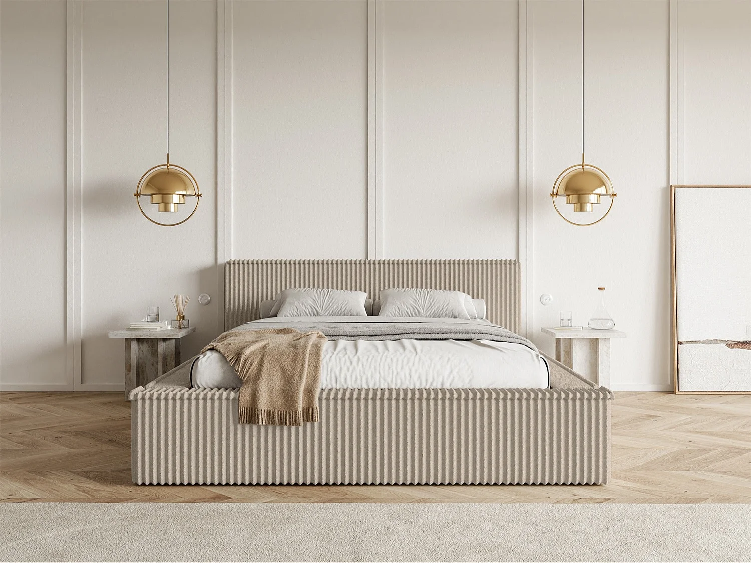 Lit coffre avec tête de lit - 160x200 cm - en velours côtelé beige foncé - AFFOLIO